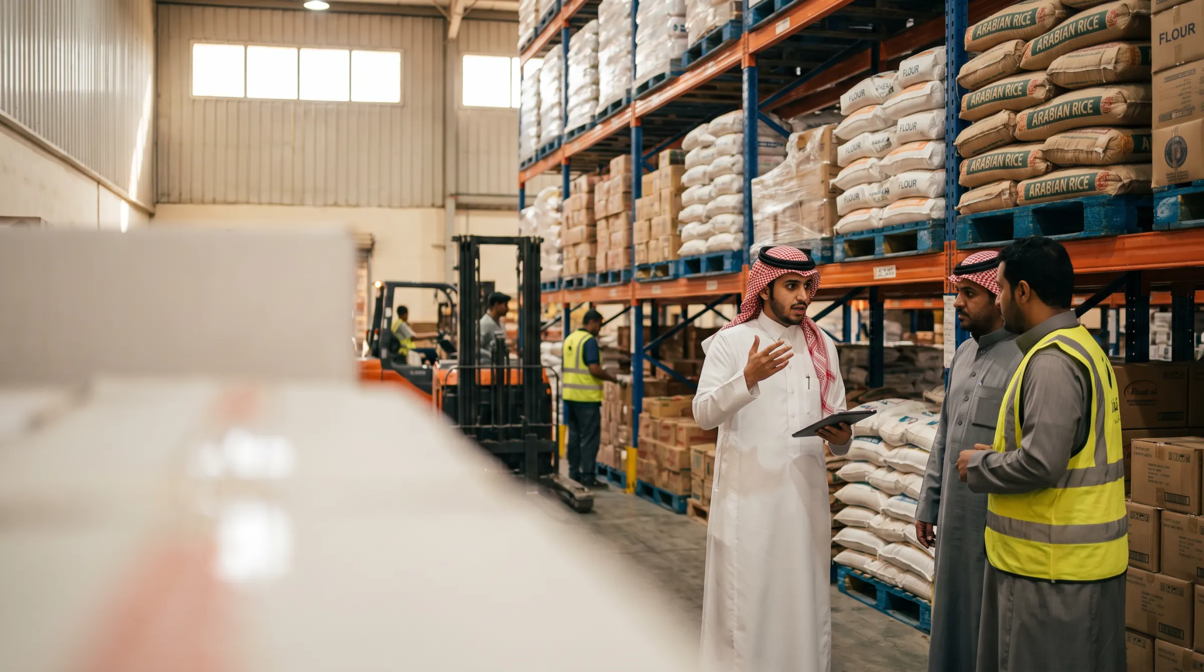 A Saudi team member with a tablet talks to colleagues in a food warehouse in front of shelves of rice sacks